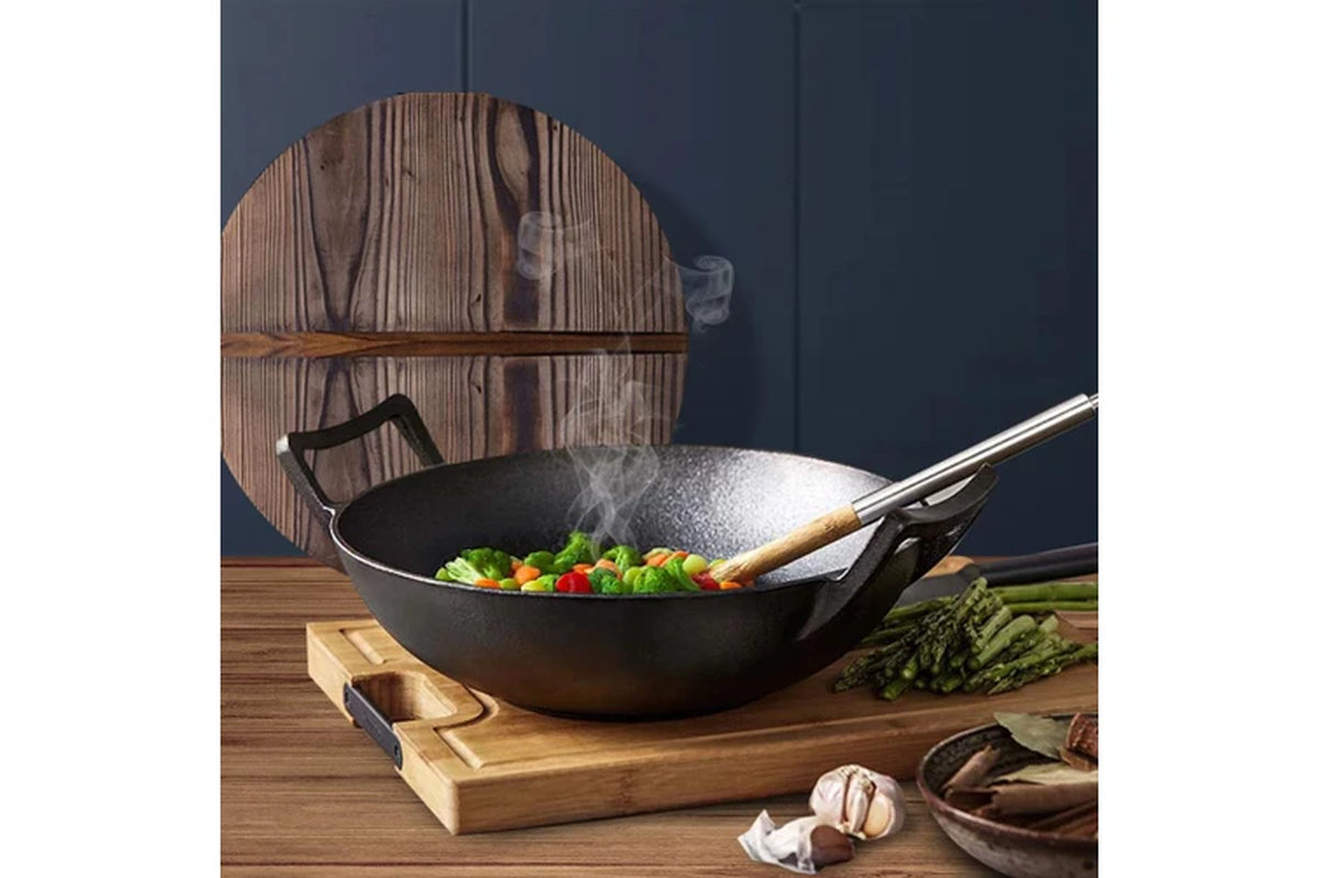 2X 36CM Commercial Cast Iron Wok Frypan with Wooden Lid Fry Pan