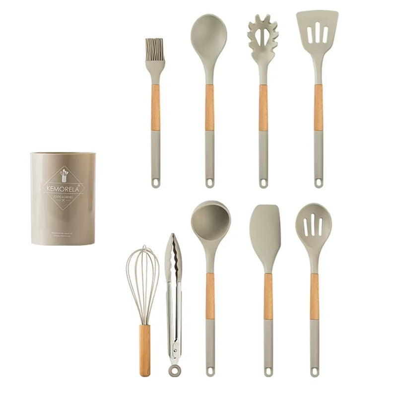 10/13 PCS Silicone Kitchen Cookware High Temperature Resistant Non-Stick Wooden Handle Spatula Baking Tools Cookware Set