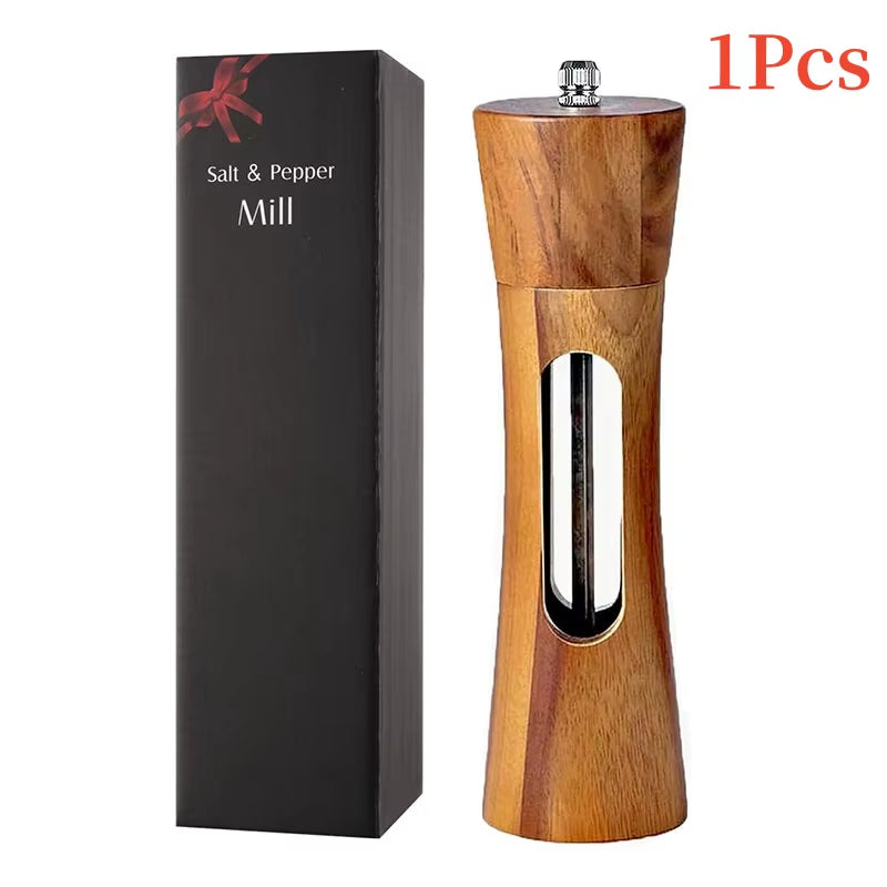 8Inch Salt and Pepper Grinder Set,Acrylic Transparent Window,Solid Wood Spice Pepper Mill with Strong Adjustable Ceramic Grinder