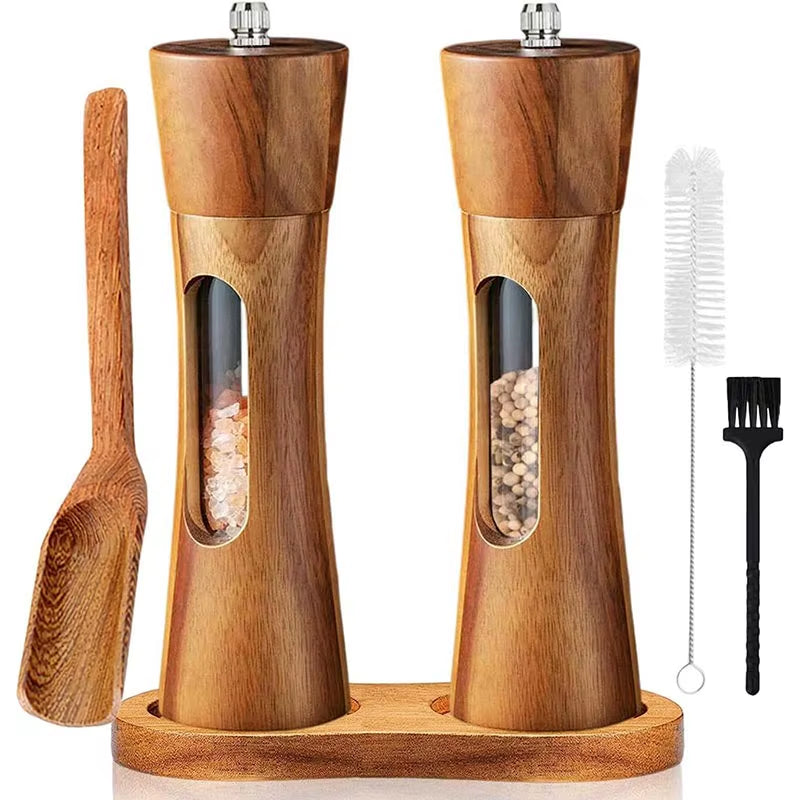 8Inch Salt and Pepper Grinder Set,Acrylic Transparent Window,Solid Wood Spice Pepper Mill with Strong Adjustable Ceramic Grinder