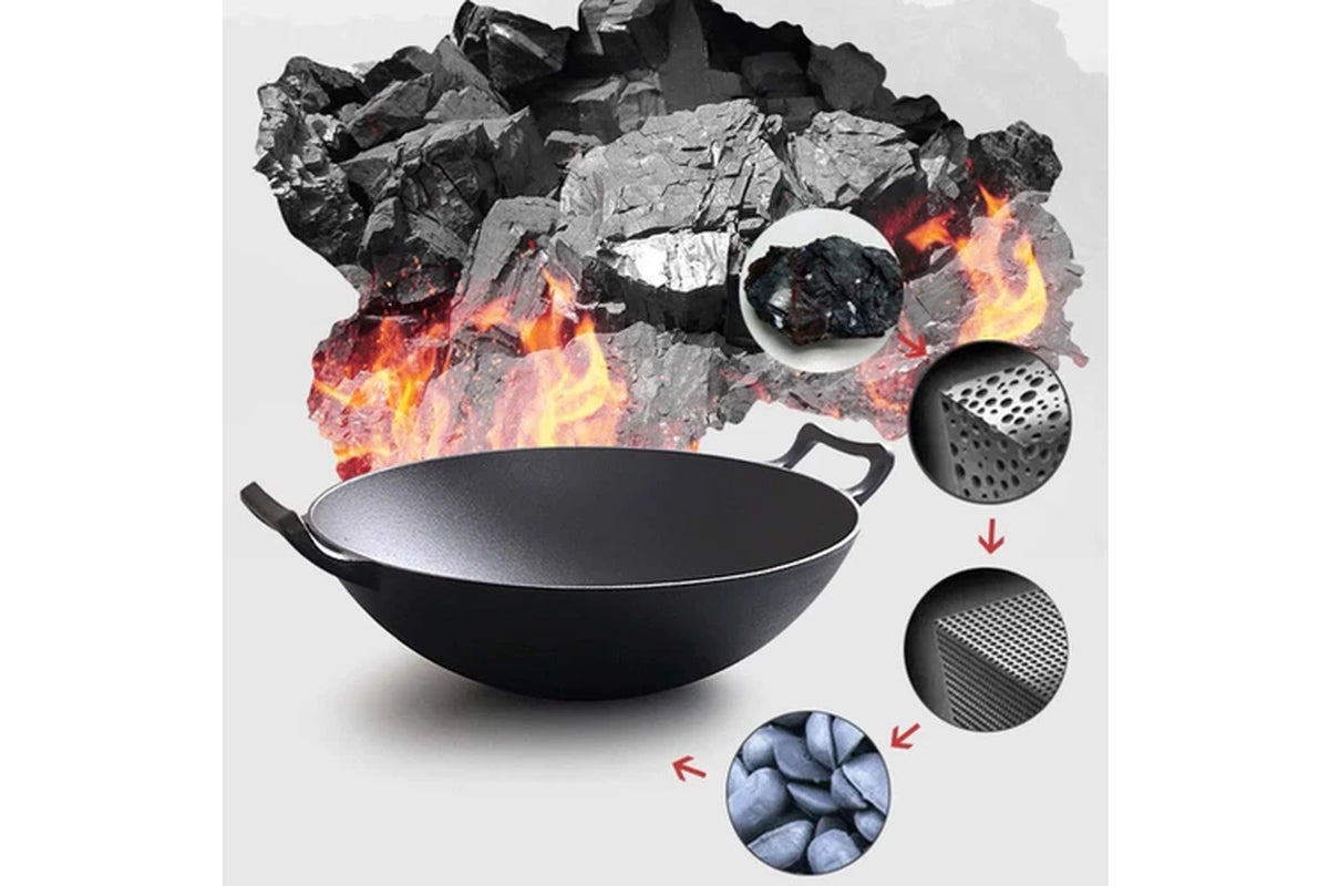 2X 36CM Commercial Cast Iron Wok Frypan with Wooden Lid Fry Pan