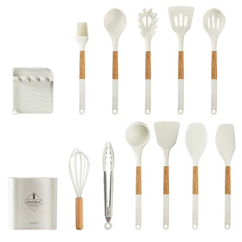 10/13 PCS Silicone Kitchen Cookware High Temperature Resistant Non-Stick Wooden Handle Spatula Baking Tools Cookware Set