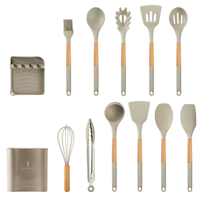 10/13 PCS Silicone Kitchen Cookware High Temperature Resistant Non-Stick Wooden Handle Spatula Baking Tools Cookware Set