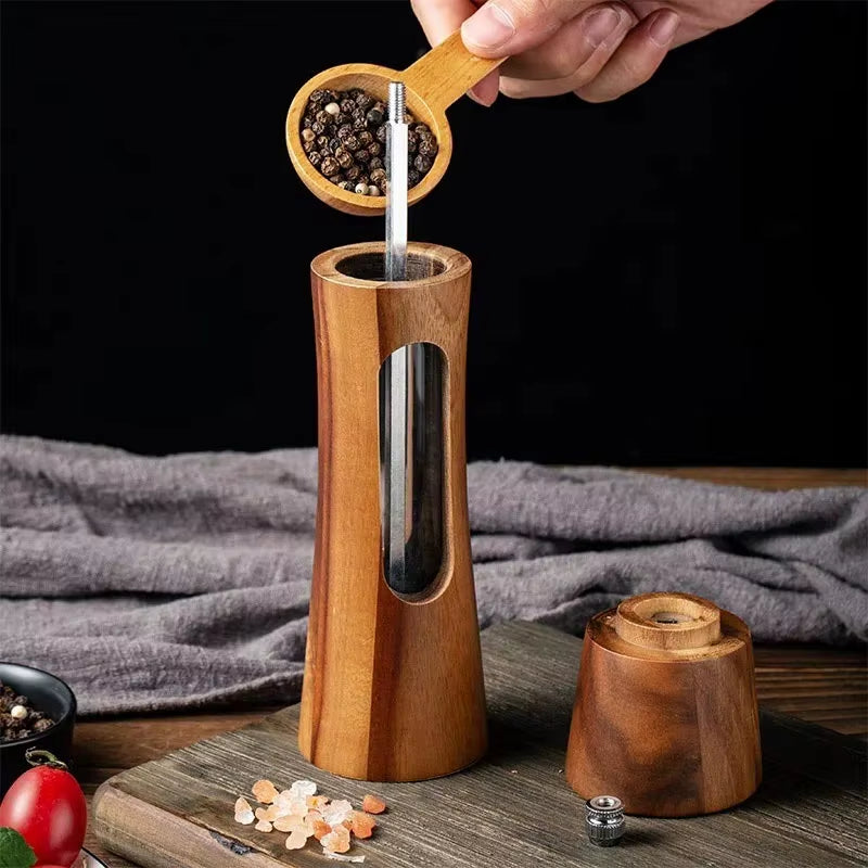 8Inch Salt and Pepper Grinder Set,Acrylic Transparent Window,Solid Wood Spice Pepper Mill with Strong Adjustable Ceramic Grinder