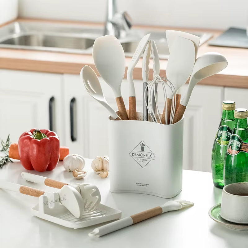 10/13 PCS Silicone Kitchen Cookware High Temperature Resistant Non-Stick Wooden Handle Spatula Baking Tools Cookware Set