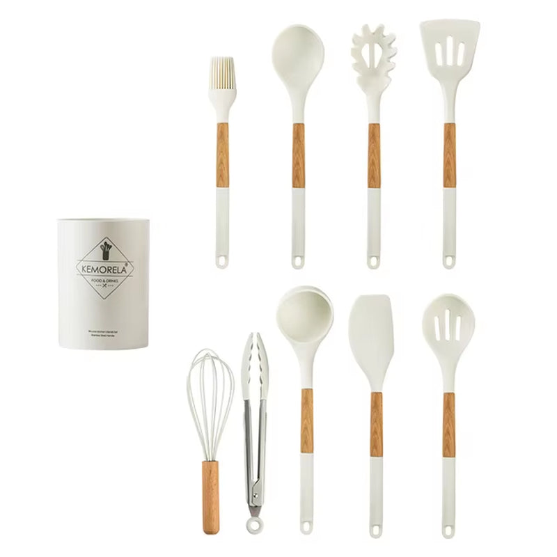 10/13 PCS Silicone Kitchen Cookware High Temperature Resistant Non-Stick Wooden Handle Spatula Baking Tools Cookware Set