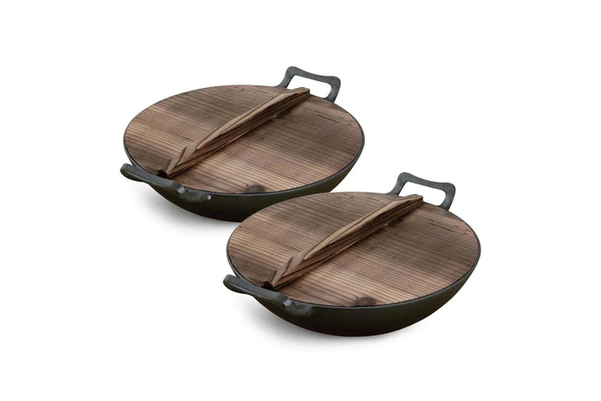 2X 36CM Commercial Cast Iron Wok Frypan with Wooden Lid Fry Pan