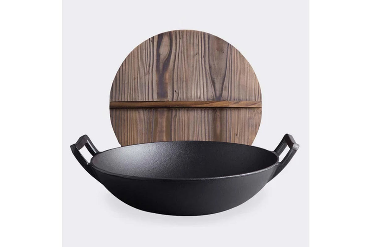 2X 36CM Commercial Cast Iron Wok Frypan with Wooden Lid Fry Pan