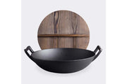 2X 36CM Commercial Cast Iron Wok Frypan with Wooden Lid Fry Pan